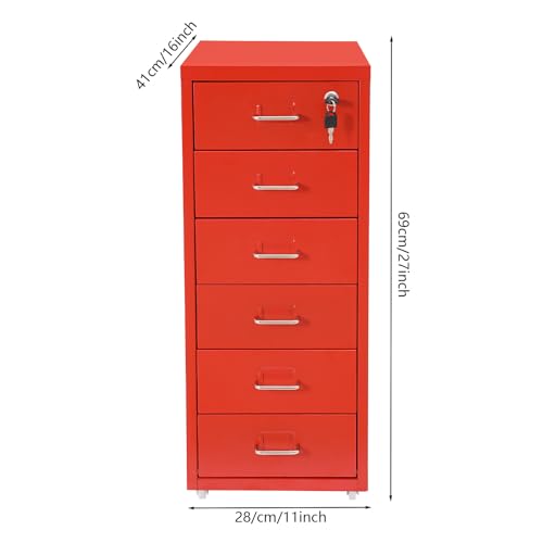Ageanbri 6 Drawers File Cabinet with Lock Rolling Mobile Filing Cabinet with Wheels Under Desk Vertical Filing Cabinet for Office/Home Metal (Red)