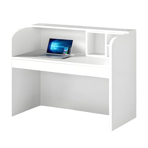 ZTYGXMB Small Reception Desk with Shelves, Modern Front Desk Checkout Counter Arc Corners Widen Desktop Cashier's Desk for Salon Reception Room Office Clinic Lobby Retail White 39.4''*19.7''*43.3''