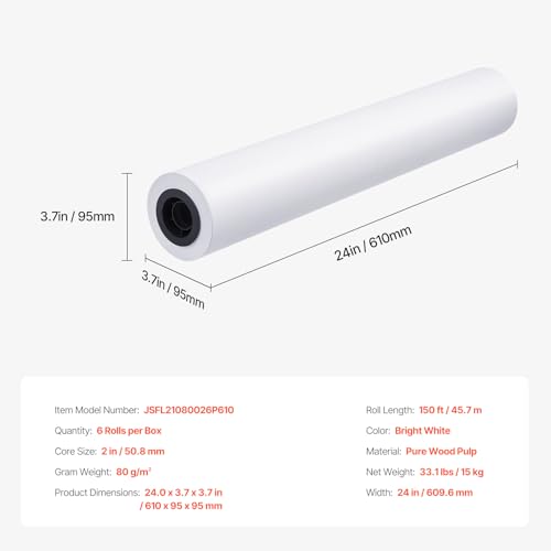VEVOR Wide Format Paper, 24 in x 150 ft Plotter Media, 6 Rolls CAD Bond Rolls with 2 in Core, 20 LB Bond Rolls, Ideal for CAD Drawings, Engineering Plans, GIS Maps & Architectural Designs
