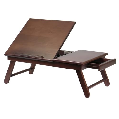 Furnifact Flip Top Lap Desk with Drawer, Foldable Legs, Tilting Surface for Reading, Solid Wood, Brown, Portable