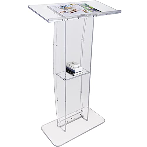 VEVOR Acrylic Podium, 47" Clear Acrylic Podium Stand with Wide Reading Surface & Storage Shelf, Floor-Standing Clear Pulpits Acrylic for Church Office School