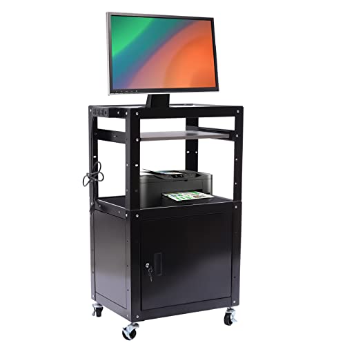 Gosangom AV Cart, Black Metal AV Cart with Adjustable Height, Locking Cabinet, Pull Out Keyboard Tray and Power Cord Management for TV Display Stand and Video Projectors