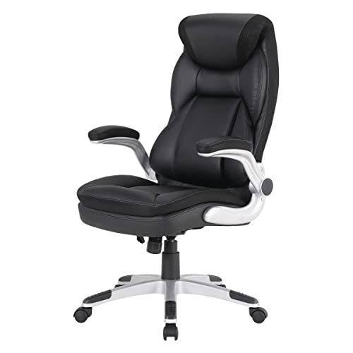 Office Star ECH Series Executive Bonded Leather Office Chair with Lumbar Support and Padded Height Adjustable Arms, Black with Silver Coated Nylon Base