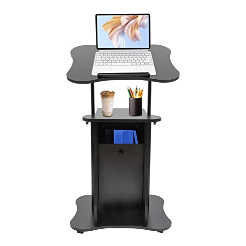 YIYIBYUS Mobile Laptop Podium, Height Adjustable Sit to Stand Desk with Tilting Desktop and Storage Cabinet, Ergonomic Rolling Lectern Cart Laptop Desk for Home, Office, School, Black (1 Pack)