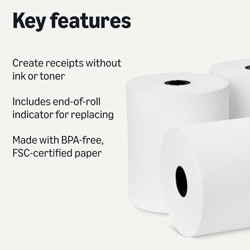 Amazon Basics Thermal Paper Receipt Rolls for POS, 3 1/8" x 230', BPA-Free, FSC Certified, White, 50 Rolls