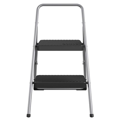 Pemberly Row 2-Step Folding Step Stool, 28.15 H x 17.32 W x 17.95 D, Platinum Finish, Lightweight ANSI Type 3 Household Stool with Slip-Resistant Steps, Stable Design for Easy Storage and Cleaning