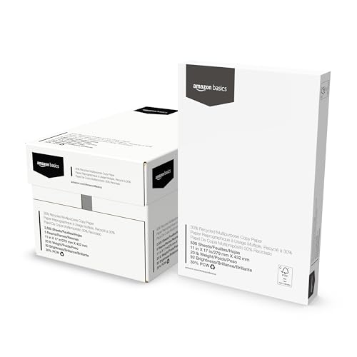 Amazon Basics 30% Recycled Multipurpose Copy & Print Paper, 11 x 17 Inches, 20 lb Weight, 92 Bright, White, 2500 Sheets (5 Reams)