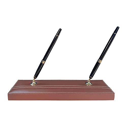 Dacasso Rustic Brown Leather Double Pen Stand with Gold Trim