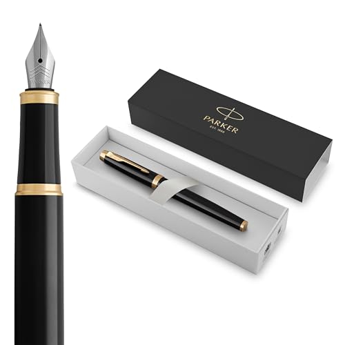 Parker IM Fountain Pen, Black Lacquer with Gold Trim, Fine Nib - Includes Blue Ink Refill and Elegant Gift Box
