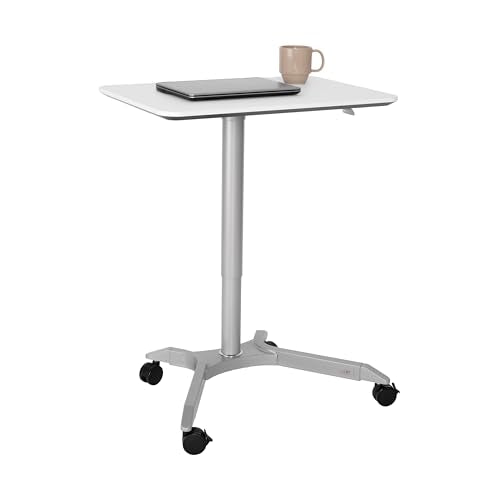 Seville Classics Airlift Height Adjustable Pneumatic Laptop Sit Stand Desk Mobile Rolling Cart, Computer Workstation for Home Office, Classroom, White, 28" Premium Desktop (New Model)