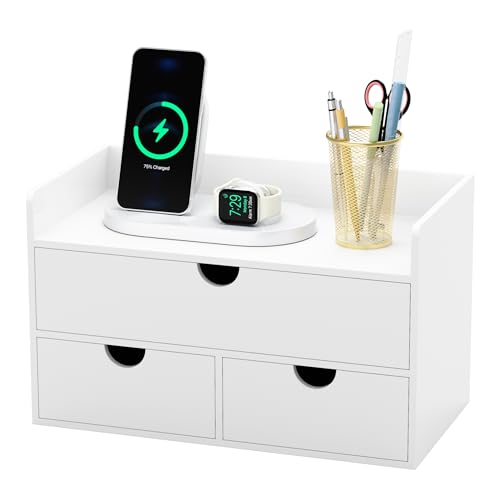 Bamboo Desk Organizer with Drawers Desktop Storage Drawers for Bills Office Supplies Kitchen Utensils Organizing Tool for Home Classroom Organization No Assembly (White with Shelf)