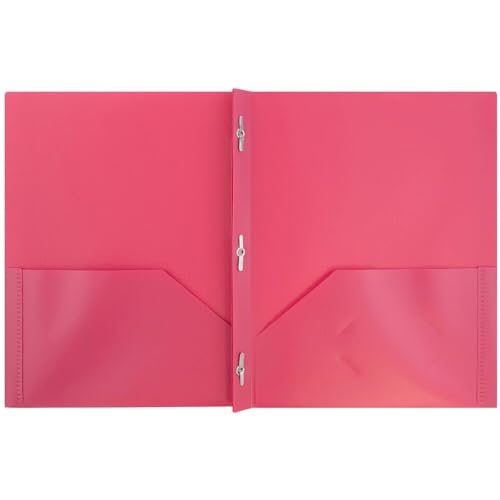 JAM PAPER Plastic 2 Pocket POP Folders - Durable School Folders with Metal Prongs Fastener Clasps - Fuchsia Hot Pink - Bulk 96/Box