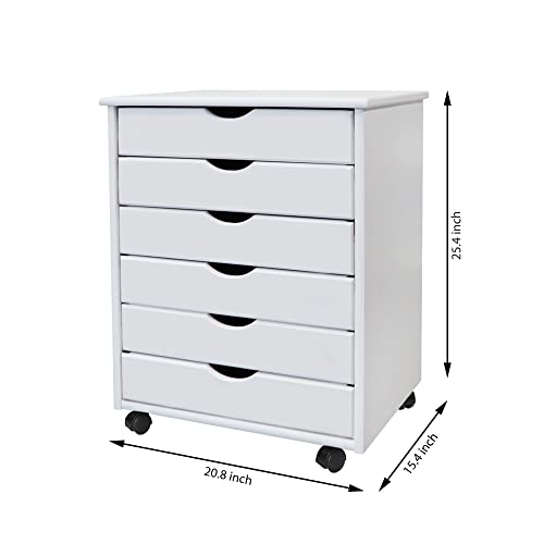 Jela-USA Solid Pine Wood 6 Drawer Wide Rolling Cart, White