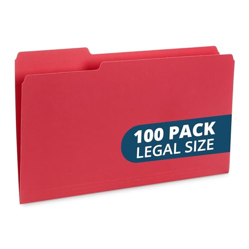 Blue Summit Supplies 100 File Folders, Legal Size, 1/3 Cut Tab, Red