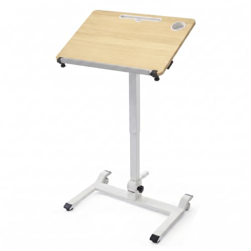ApexDesk Mobile Standing Desk with 90° Tilting Top - Height Adjustable Pneumatic Laptop Cart - Foldable Rolling Presentation Podium with Tablet Slot & Cup Holder (Oak)
