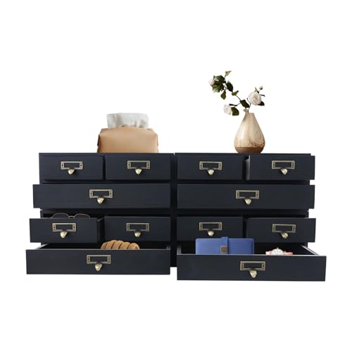 Wooden Desktop Organizer, 3 Tier Tabletop Storage Cabinet with 12 Drawers Composable Four-Piece Set & Metal Handles Modular Stackable Desktop Apothecary Cabinet for Home Offices Schools (Black)