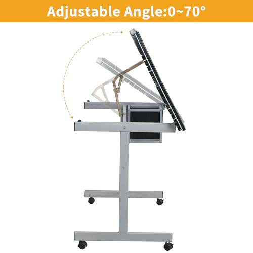 AnoYishev Professional Adjustable Glass Top Drafting Table, Art Desk with 2 Fabric Drawers & 4 Locking Wheels, 0-70° Tilting Drawing Table Craft Station for Artists, Architects, Hobbyists