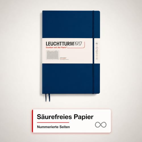 LEUCHTTURM1917 - Notebook Hardcover Master Slim A4+ - 123 Numbered Pages for Writing and Journaling (Navy, Squared)