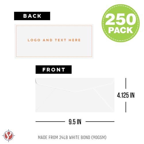 Customize Your #10 Regular Business Envelopes - Upload Your Full Color Logo and Info/Return Address - Custom Printing - We Will Professionally Print Your White Envelopes - 250 Envelopes per Pack
