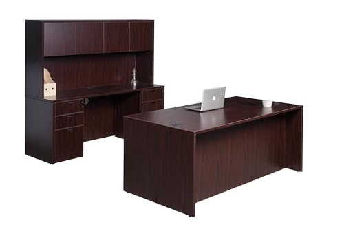 Boss Office Products Holland 71" Executive Desk and Credenza with Dual File Storage Pedestal and Hutch, Mahogany