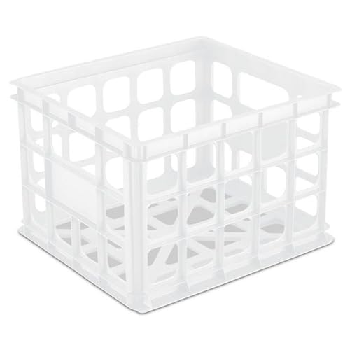 Sterilite Storage Crate, Stackable Plastic Bin Open Basket with Handles, Organize Home, Garage, Office, School, White, 18-Pack