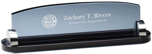 Executive Gift Shoppe | Personalized Firefighter Theme Smoked Glass Desktop Name Plate