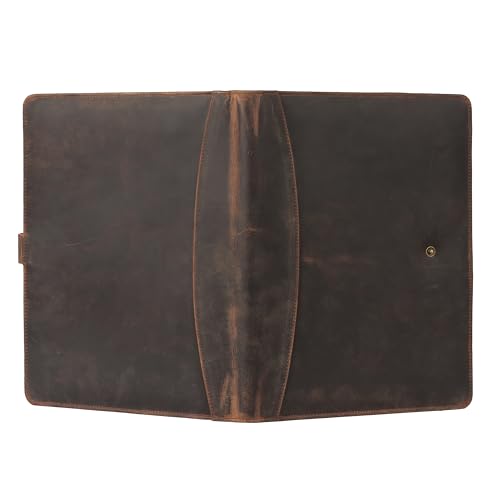 KomalC Leather Portfolio Folder with Luxury Pen and Button Closure | Business Padfolio for Professionals | Vintage Organizer with Legal Pad Holder & Card Slots (Distressed Tan)