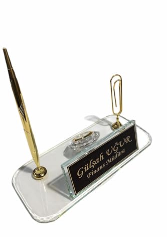 MOOGCO Modern Black Glass Desk Name Plate with Pen Holder, Cardholder & Clock - Desk Organizer