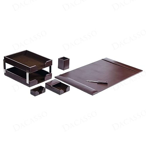 Dacasso Dark Brown Bonded Leather 8-Piece Desk Accessory Set - Organization Essentials & Executive Decor - Luxury Leather Blotter for Office Organization