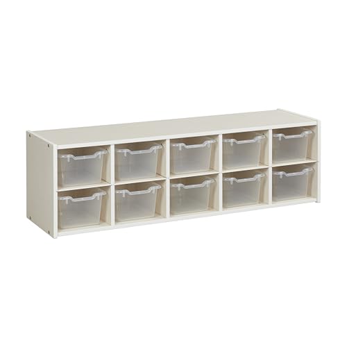 ECR4Kids 10 Cubby Tray Cabinet with Bins, 2x5, White Wash, Clear