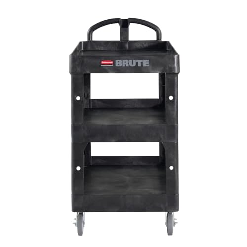 Rubbermaid Commercial Brute 3-Shelf Heavy-Duty Utility/Service Cart, Medium, High Storage, Lipped Shelves, Ergonomic Handle, 600 lb. Capacity, Ideal for Warehouse/Garage/Cleaning/Maintenance/Office