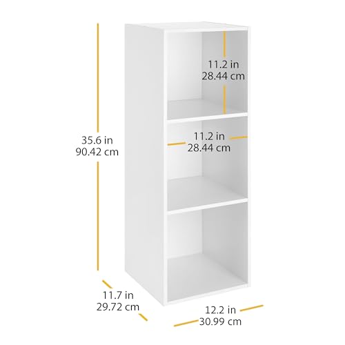 Whitmor 3 Cube Bookcase, 3 Tier Stackable MDF Bookself, Open Storage Display Organizer, Storage Cabinet for Living Room, Bedroom, Home, Office, 12.2" L x 11.7" W x 35.6" H, White