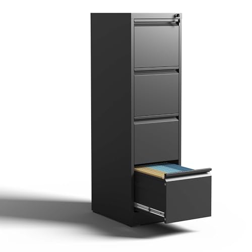 CNJHGL2 Metal Vertical File Cabinet with Lock, 4 Drawer Filing Cabinet for Home Office/Letter/A4, Lockable Storage Cabinets, Office Cabinet with Drawers, Assembly Required, Black