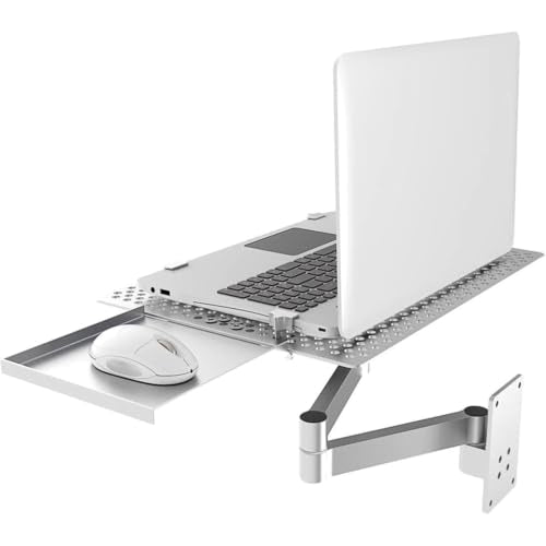 PioMue Wall Mount Laptop Stand, Mouse Arm Mount Tray, Vented Cooling Aluminum Platform, Full Motion Articulating Arm Holds Up to 8KG for Home Office Workstation