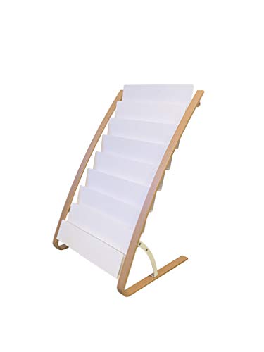 Alba Floor Standing Magazine Rack, Magazine Holder and Brochure Holder with 8 Double A4 Compartments, Steel and Wood Construction for Reception Areas, Lobbies and Professional Workspaces, White/Wood