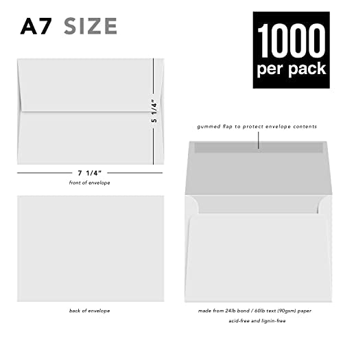 White A7 Envelopes – Perfect for 5 x 7 Greeting Cards, Wedding Invitations, Postcards, Photos | Gummed Square Flap | Bulk Pack of 1000 Envelopes | 5 1/4" x 7 1/4"