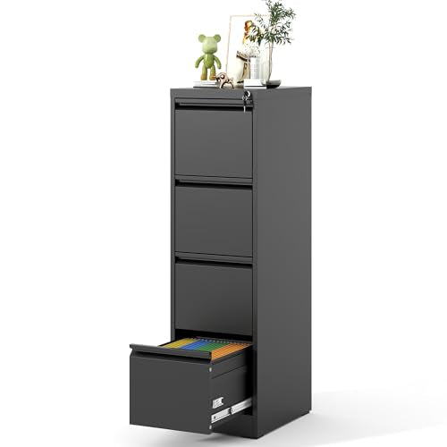 VIYET File Cabinet 4 Drawer with Lock, Vertical Filing Cabinets for Home Office, Metal Steel Storage Cabinet for Letter/Legal Size File, Assembly Required(Black)