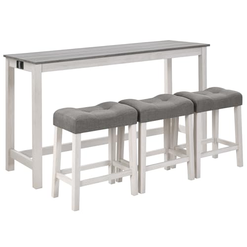 Ball & Cast 4 Piece Dining Table and Chairs Set with Charging Station, Farmhouse Wooden Kitchen Island-Table w/USB&Typc C&Power Outlet, 59" Behind Sofa-Table w/3pcs Upholstered Stools,White&Grey