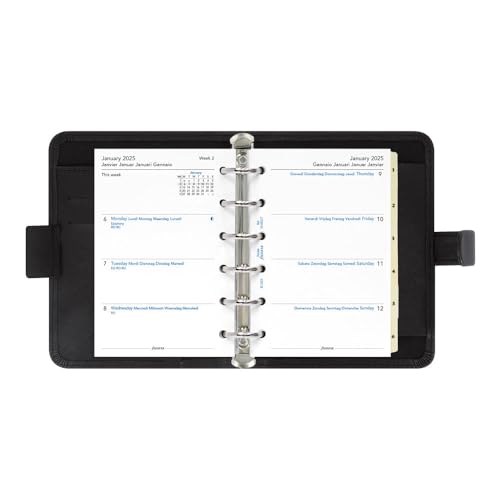 Filofax Saffiano Organizer, Pocket Size, Black - Cross-Grain, Leather-Look, Six Rings, Week-to-View Calendar Diary, Multilingual, 2025 (C022468-25)