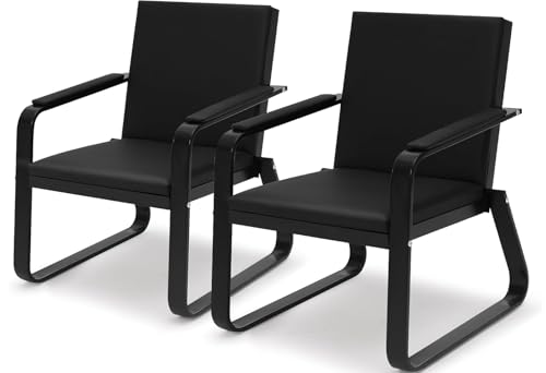 wonline 2Pcs Waiting Room Chair with Armrest Black PU Leather Office Furniture, Office Guest Seating Lobby Conference Reception Chairs for Airport Clinic Hospital Bank Salon Barber