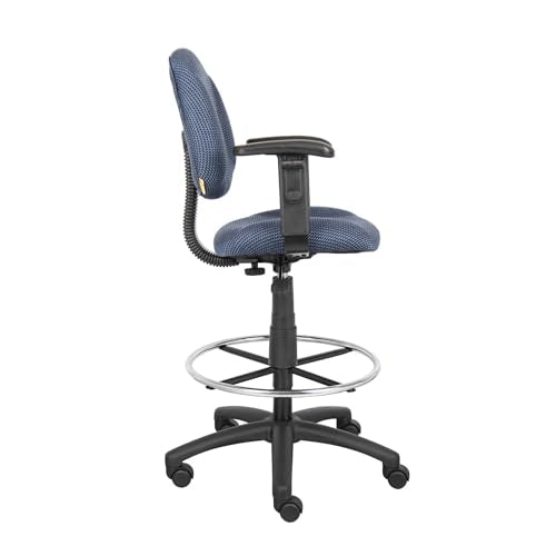 Benzara Jea Drafting Stool Chair, Adjustable Arms, Blue Tweed, Round Footring