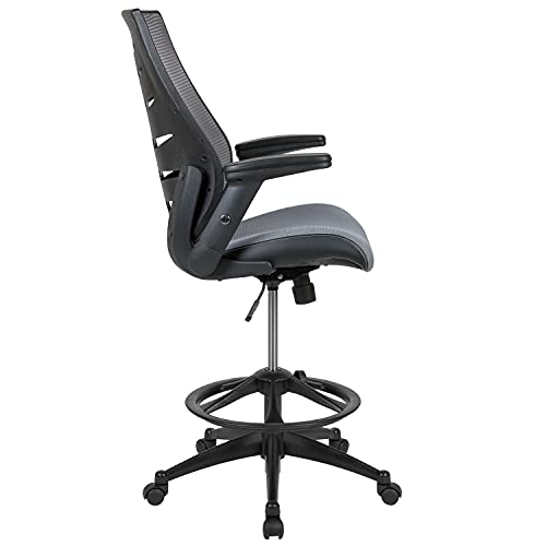 BizChair High Back Dark Gray Mesh Ergonomic Drafting Chair with Adjustable Flip-Up Arms
