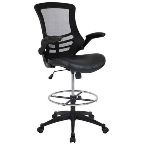 Pemberly Row Modern Mid Back Mesh Leather Drafting Chair, Black Finish, Adjustable Height, Lumbar Support, Flip-Up Arms, Tilt Lock Mechanism, Chrome Foot Ring, Ergonomic Office Chair for Tall Desks