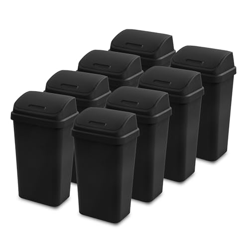 Sterilite Swing Top Wastebasket, Trash Can, 13 Gallon, Black, 8-Pack