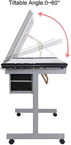 Epetlover Adjustable Drafting Table Drawing Desk Folding Tempered Glass Top Art Craft Work Station w/2 Slide Storage Drawers and Wheels