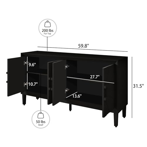 WEALTHKING Industrial Style 4-Door Wooden Credenza with Arc Base & Vintage Clasps - Versatile Storage Cabinet for Living Room, Entryway Console or Home Office Furniture (Black,C)