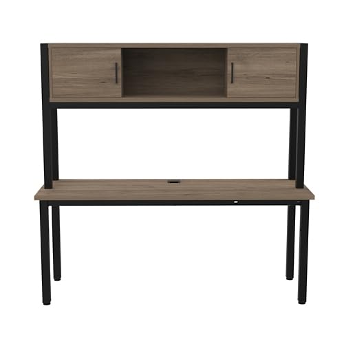 NBF Credenza Desk with Hutch - Laminate Office Desk with Concealed Storage, Steel Grommet Cable Management, Steel Legs - Cortez Work Table for Home, 72" W x 24" D, Brazilian Walnut