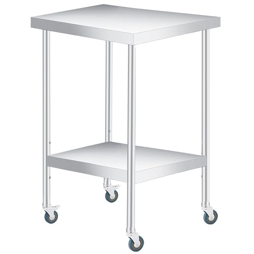 COZONY Stainless Steel Table, 24" x 24" Heavy Duty Worktable with Adjustable Undershelf and Locking Casters, 2 Tier Metal Prep Table for Commercial Kitchen, Restaurant, Garages