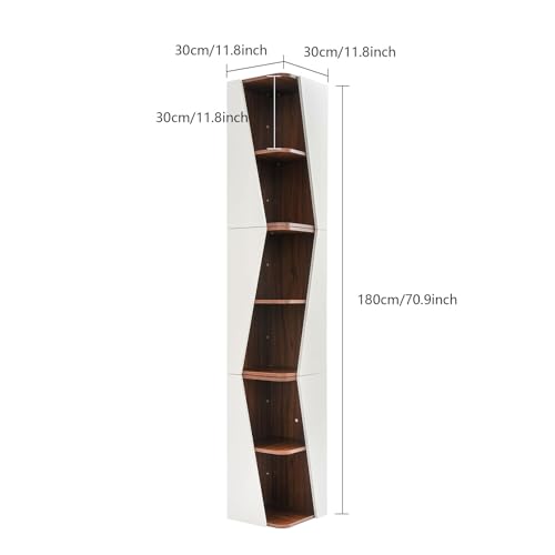 Corner Bookshelf 6-Tier Wall Storage Rack Neutral and Walnut Modern Design