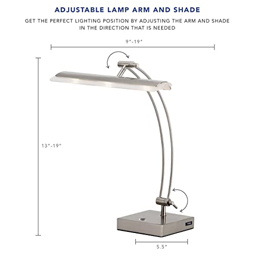 Adesso 5090-22 Esquire LED Desk Lamp, 13-19 in., 9W Full Spectrum LED, Brushed Steel, 1 Table Lamp, Gray, multi-function